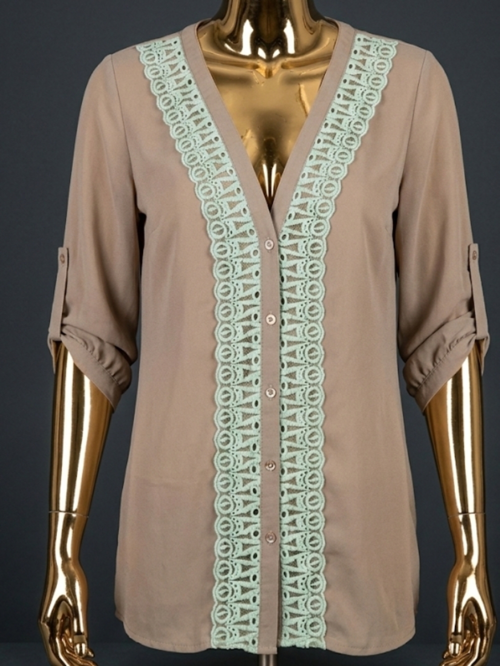 Love Stitch Taupe Button-Front Blouse with Mint Lace Trim